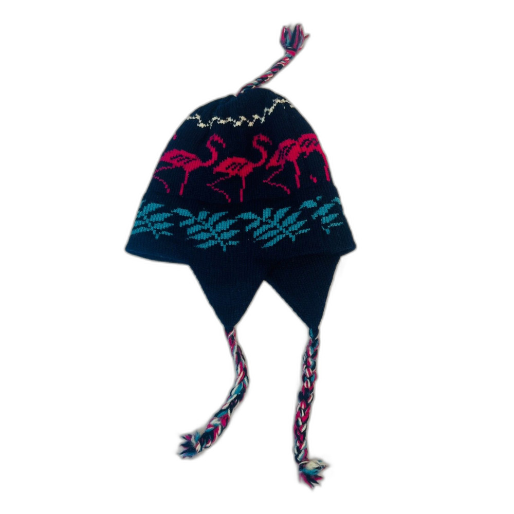 VTG Mountain Ladies & Ewe 100% Wool Ski Beanie Flamingo Earflap Tassle